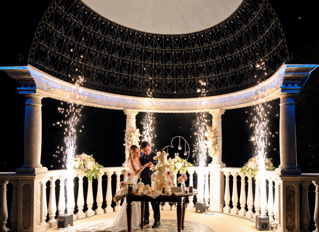 Organizzazione dei momenti del matrimonio con taglio della torta ed effetti scenografici