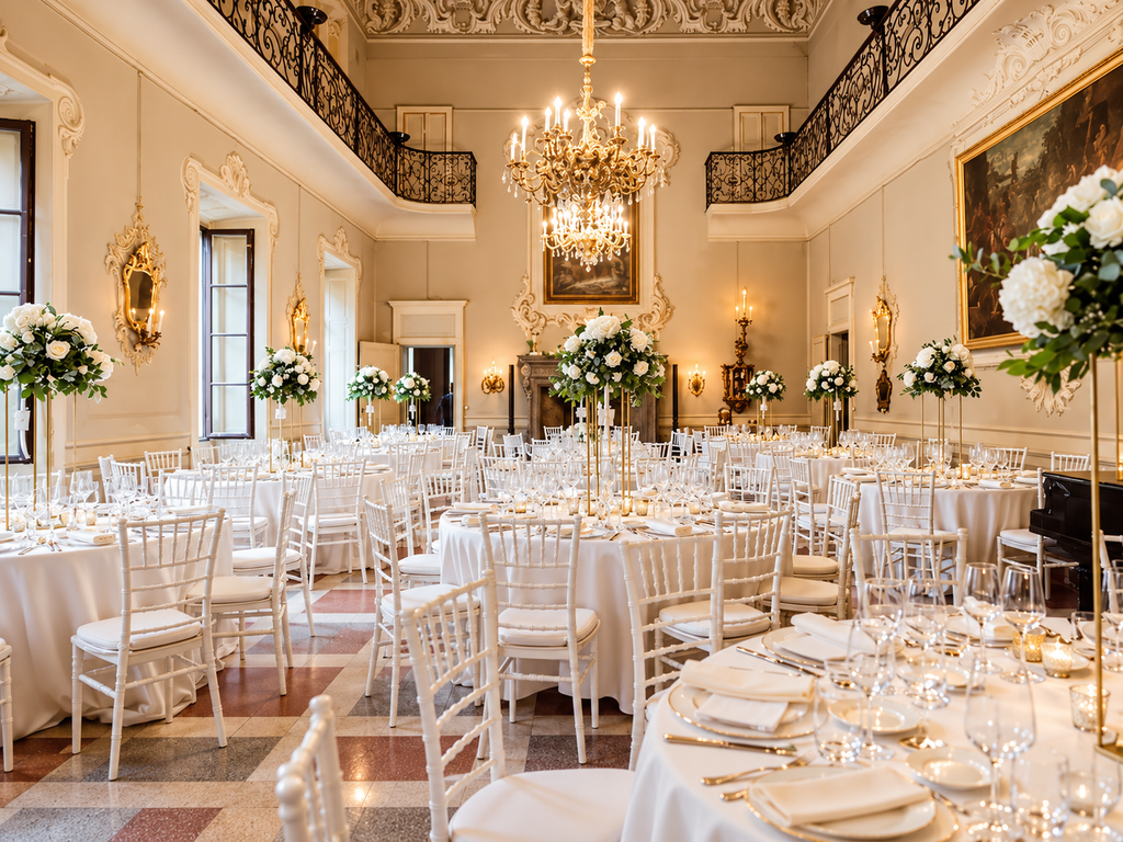 Sala interna di Villa La Clerici a Erba allestita per un ricevimento di matrimonio